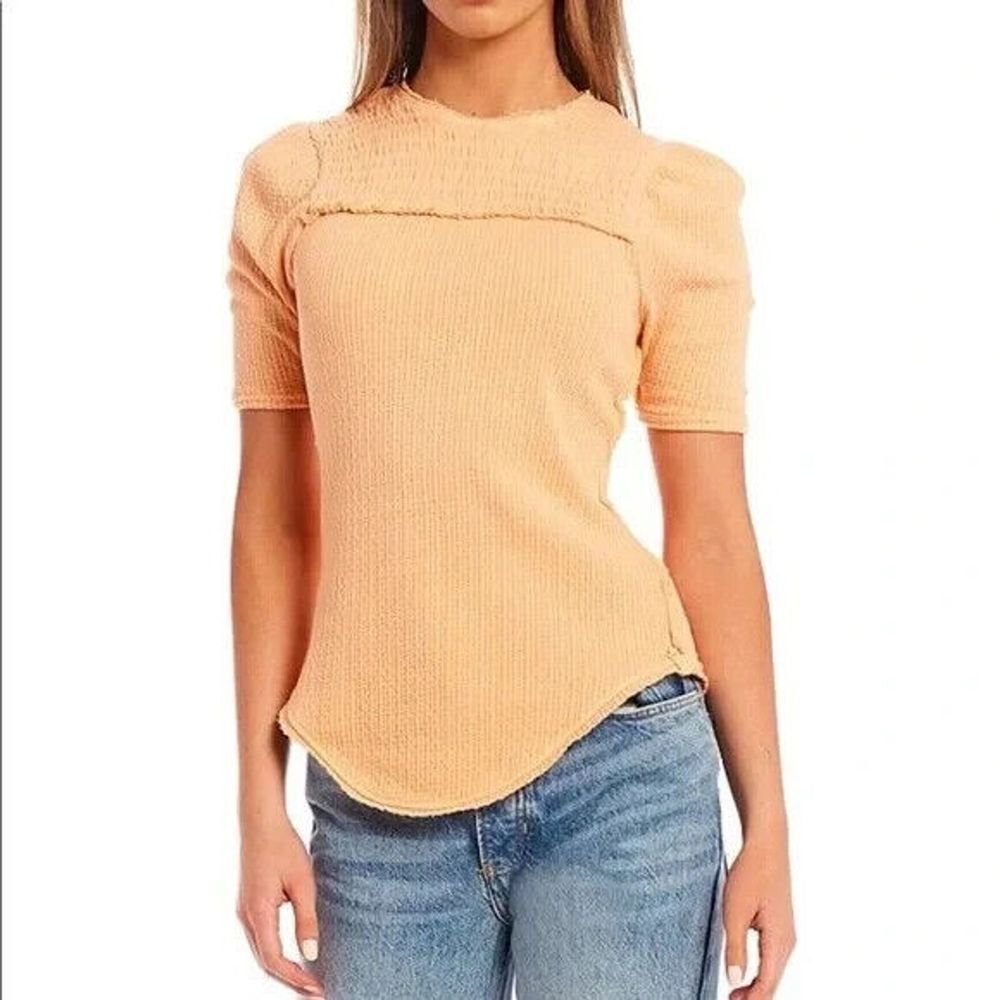 Free People Womens Size Small Orange Knitted Seam‎ T-shirt Peach Crew Neck